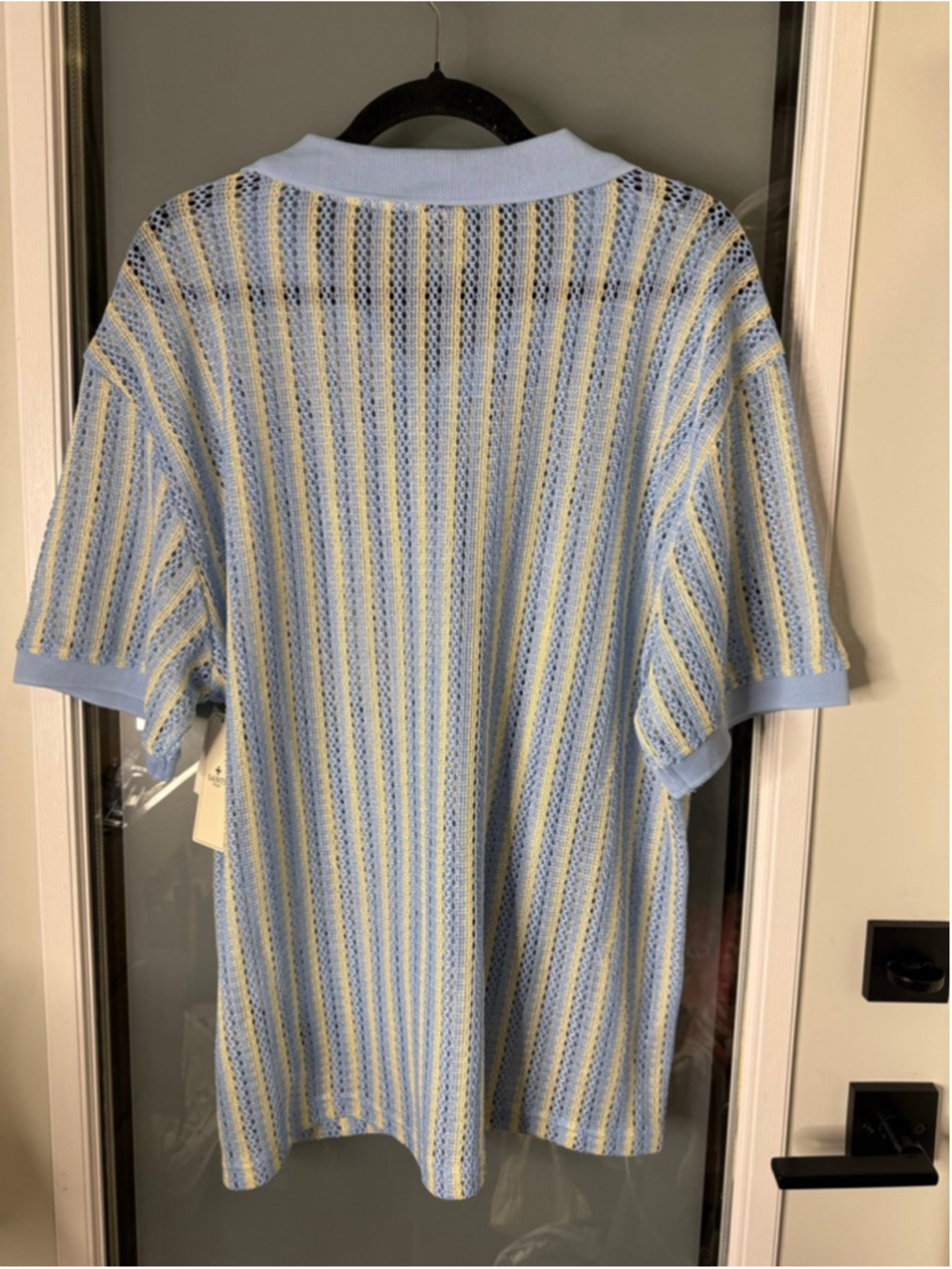 Men's SAINTS STUDIO Light Blue Ecru Striped Knit Polo Shirt L - Picture 5 of 7